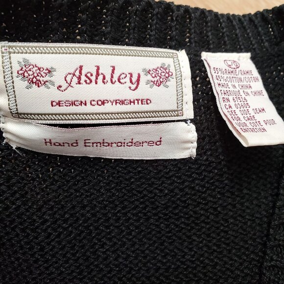Vintage Ashley Hand Embroidered Floral Cardigan Sweater Vest Womens Size L Black - Picture 3 of 11